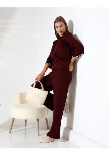 İnci Volanlı Kol Detaylı Triko Takım Bordo