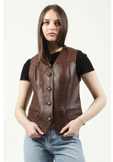 Dericlub Dc-001 Hakiki Deri Kadın Yelek Kahverengi