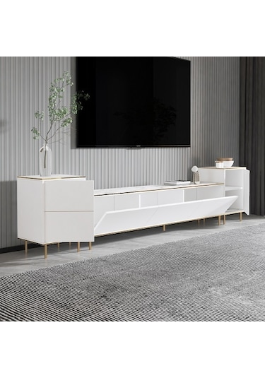 Tv Sehpası Kozan Set Beyaz Mermer Desen Gold 260 Cm