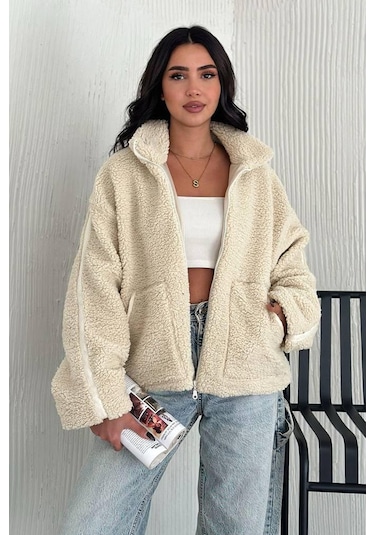 Kadın Fermuarlı Oversize Astarlı Peluş Ceket Yumuşak Dokulu & Konforlu Stil Bej
