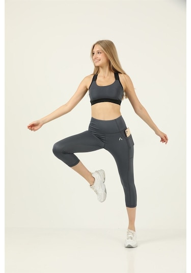 Kadın Antrasit Yüksek Bel Toparlayıcı Çift Cepli Diz Altı Kapri Tayt Capri Slim Fit 1054 Antrasit