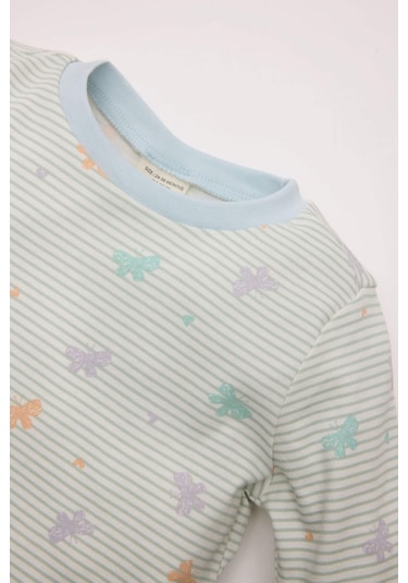 DeFacto Kız Bebek Pijama Takım Kelebek Desenli Bisiklet Yaka Uzun Kollu Üst Beli Lastikli Uzun Alt D3440A524WNER98 Ekru