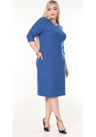 Çift Cepli Kışlık Büyük Beden Esnek Elbise 1d-2629 Mavi