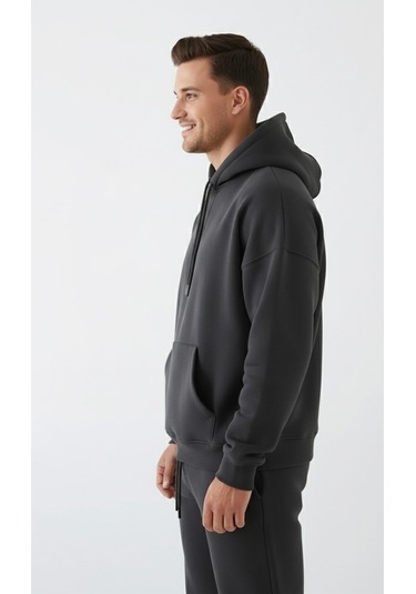 Erkek Gri Oversize Hoodie Sweatshirt Gri