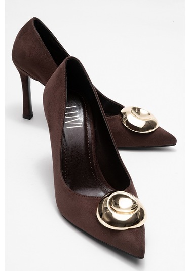 Jordana Kahverengi Süet Gold Tokalı Kadın İnce Topuklu Ayakkabı Kahverengi
