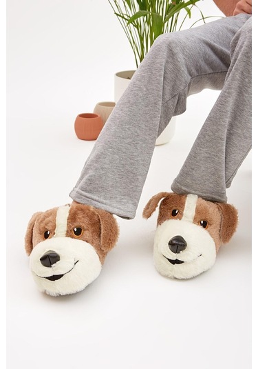 Kahverengi Hayvanlı Sessiz Taban Panduf Sevimli Köpek Figürlü Peluş Ev Ayakkabısı Kahverengi