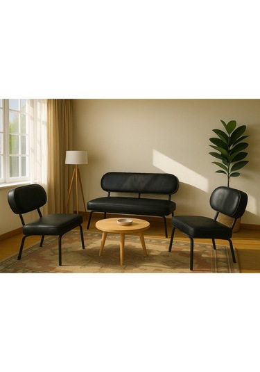 Luna Modern Deri Koltuk Takımı Bekleme Koltuğu Ofis Koltuk Takımı Siyah Siyah