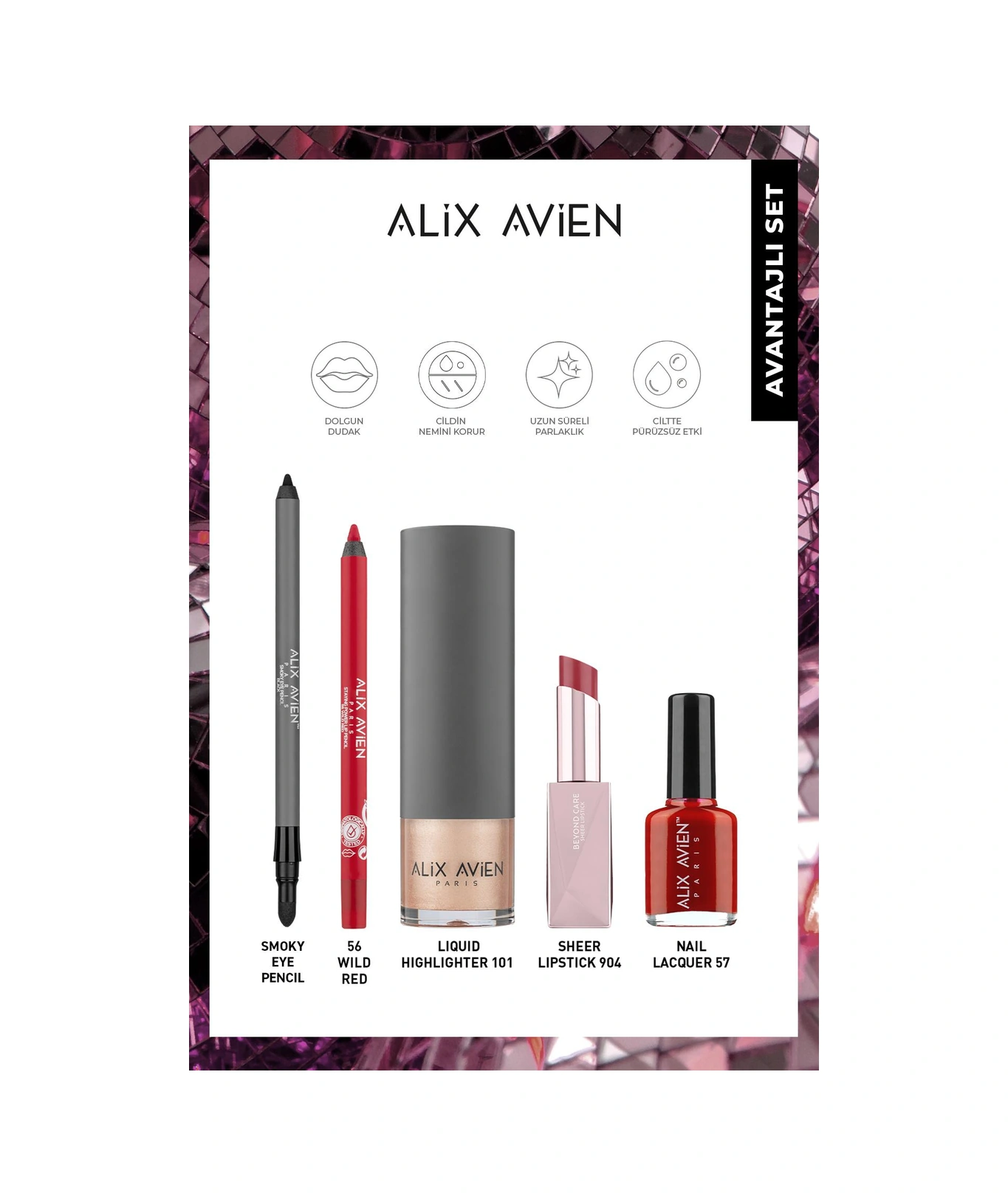 Alix Avien Işıltılı Dolgunlaştırıcı Ve Nemlendirici Etkili Uzun Süre Parlaklık Veren Kırmızı Favori Makyaj Seti