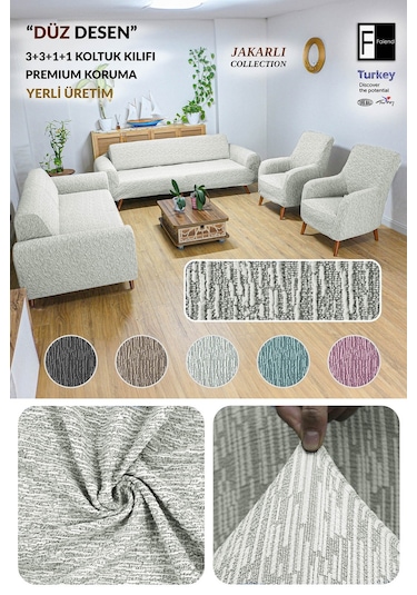 Jakarlı 3 3 1 1 Taş-gri Lastikli Kanepe Örtüsü Lastikli Koltuk Örtüsü Koltuk Kılıfı Takımı Krem 180x220