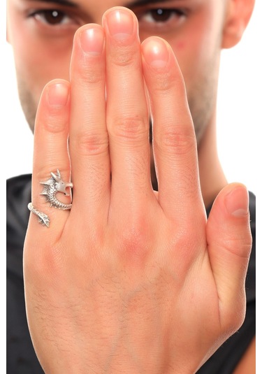 Erkek Antik Gümüş Kaplama Ejderha Yüzük N11.15245 Çok Renkli