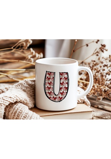 U Harfi Aşk Temalı Kupa - Kalp Desenli Kişiye Özel Romantik Sevgililer Günü Kahve Kupası Beyaz