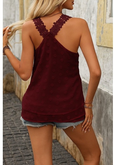 Munn Collection Kadın Dantel Askılı V Yakalı Sırtı Çapraz Detaylı Ponpon Bluz Bordo