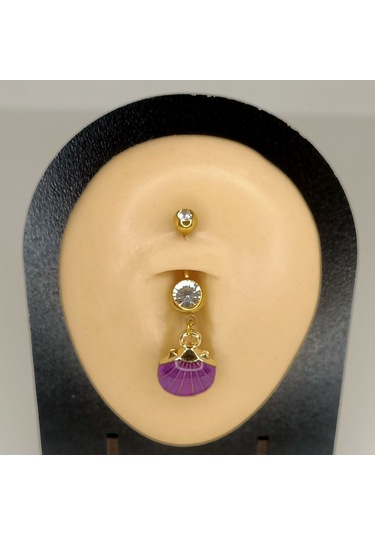 Aya Tasarım Gold Renk Mor İstiridye Figürlü Göbek Piercing Altın