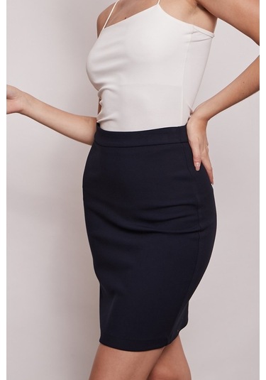 Yüksek Bel Diz Üstü Şık Kumaş Kalem Etek-Lacivert