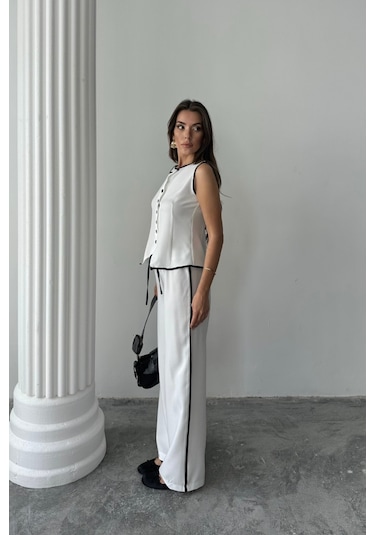 Keten Kenarları Biyeli Yelek - Pantolon Takım - Beyaz Beyaz