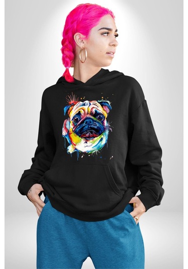 Sulu Boya Pug Köpek Kadın Erkek Siyah Kapüşonlu Sweatshirt Hoodie Siyah