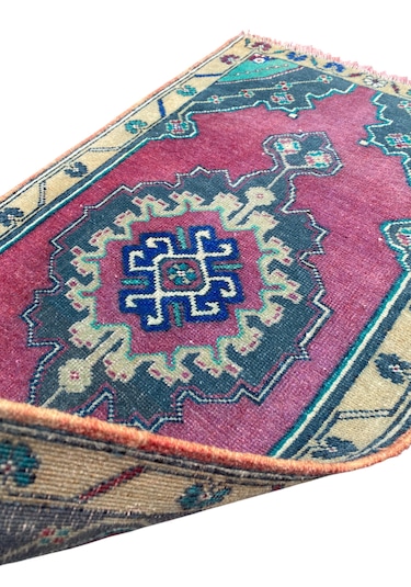 El Dokuma Taşpınar Halısı Yastık 51x84 Mor Yeşil Vintage Halı Mor