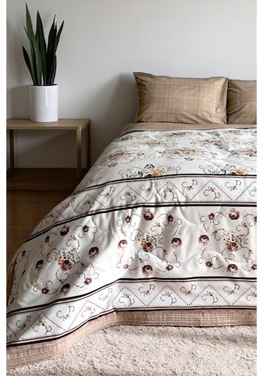 Alla Turca Çift Kişilik Yazlık Uyku Seti Düz Çarşaflı Kanaviçe Sütlü Kahve Sütlü Kahve