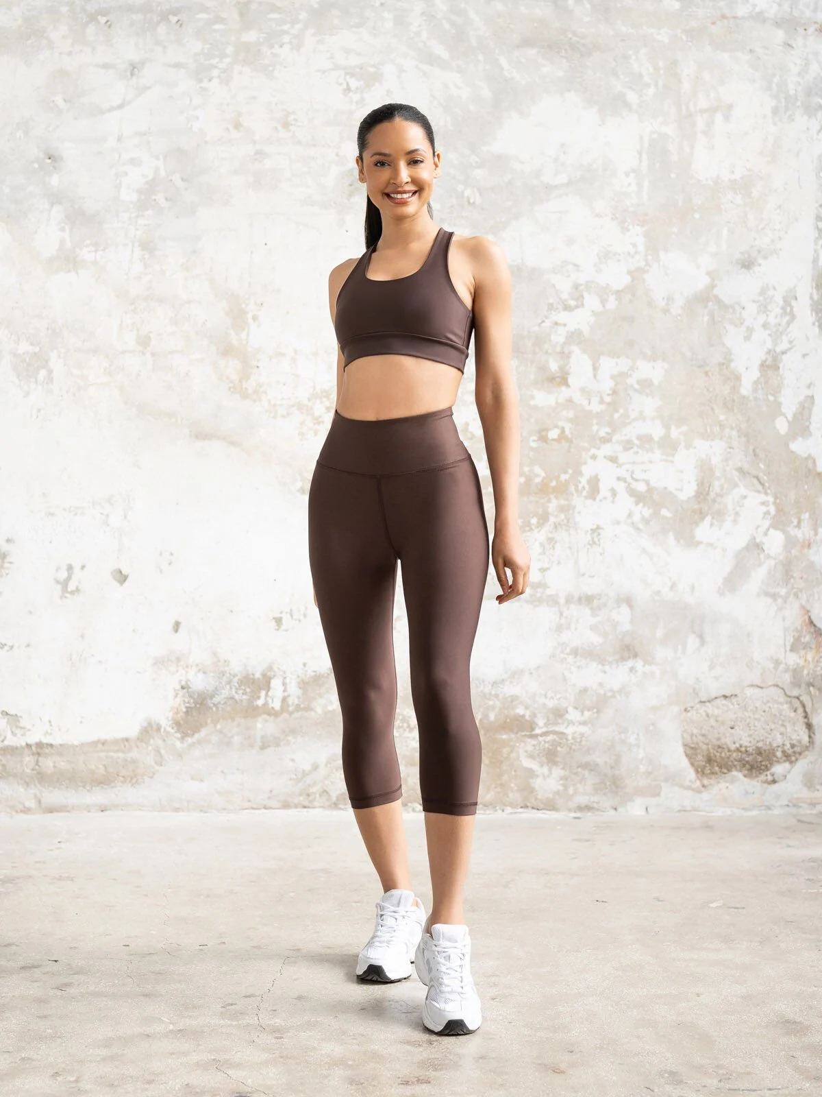 Toparlayıcı Spor Kapri Tayt Kahverengi