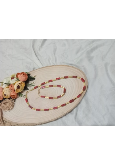 Şık Kırmızı Modern Kolye Ve Bileklik Takı Seti Kırmızı