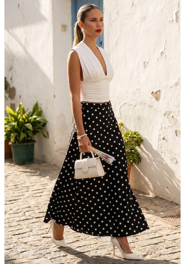 Madmext Siyah Puantiyeli Maxi Kadın Saten Etek Mg2725