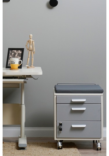 Creo Mobili Çekmeceli Kilitli Tekerlekli Vega Keson, Oturulabilir Ofis Ve Ev Komodini, Ekru/antrasit