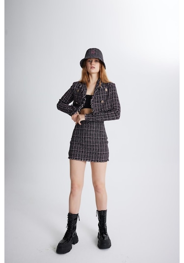 Holly Lolly Tüvit Kumaş Mini Tweed Etek Siyah