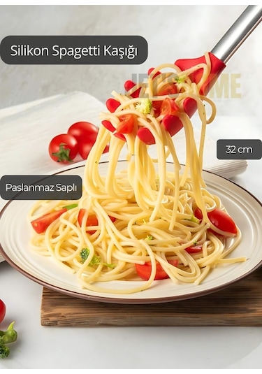 Silikon Spagetti Kaşığı Paslanmaz Saplı Kırmızı 32 Cm Kırmızı