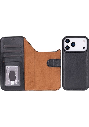 Bloomcase Magic Wallet Obsidian Black iPhone Uyumlu 17 Pro 6.3" Hakiki Deri Çıkarılabilir Cüzdanlı Telefon Kılıfı Siyah