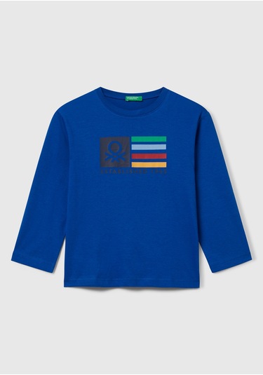 Erkek Çocuk Çok Renkli Logo Baskılı Bisiklet Yaka Uzun Kollu T-shirt Lacivert