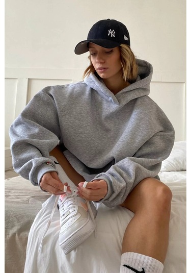 Madmext Grimelanj Kapüşonlu Şardonlu Oversize Sweatshirt Mg1566 Gri Melanj