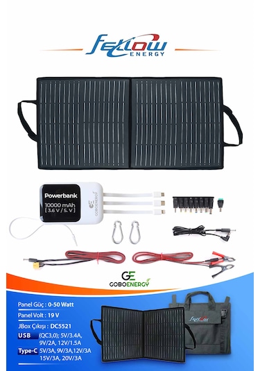Fellow 50w Katlanabilir Çanta Tipi Solar Güneş Panel Seti + Power