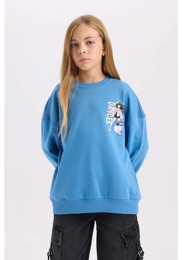 DeFacto Kız Çocuk Relax Fit Bisiklet Yaka Sırt Baskılı Sweatshirt D6496A8NSBE765 Mavi