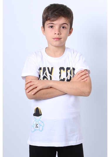 Erkek Çocuk Tişört Stay Cool Baskılı Bisiklet Yaka F18 Beyaz