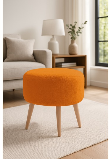 Yuvarlak Puf - 40cm - Welsoft Kumaş - Turuncu
