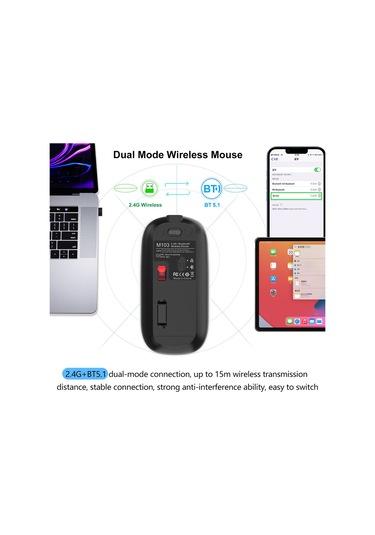 Kangvka M103 İki Modlu Kablosuz Fare 2.4g+bt5.1 Sessiz Tasarım 3 Seviye Dpı 500mah Pil İle Kompakt Siyah Lazer