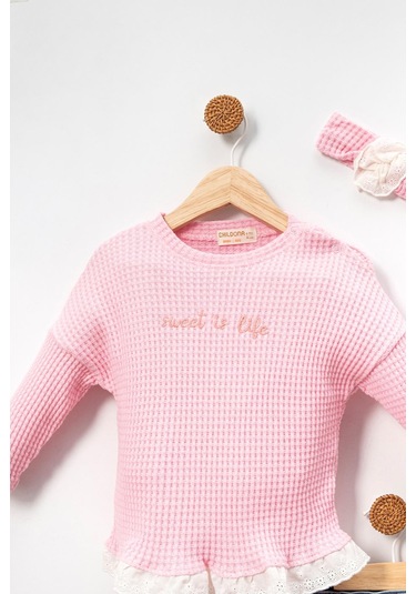 Dantel Detaylı Bandanalı Fırfırlı Yumuşak Doku Prenses 2'li Takım Pembe