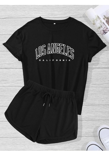 Los Angeles T-shirt Şort - Siyah 2'li Kombin Şort Tişört Takım Baskılı Oversize Bisiklet Yaka Siyah Los Angeles T-shirt Şort - Siyah 2'li Kombin Şort Tişört Takım Baskılı Oversize Bisiklet Yaka Siyah