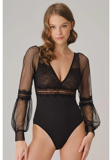 Tüllü Dantelli Uzun Kol Badi SIYAH