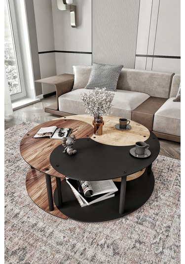 Yin Yang Unıty Serenıty Orta Sehpa 3 Lü Safir Meşe Madran Ceviz Siyah 90 Cm Çap Siyah