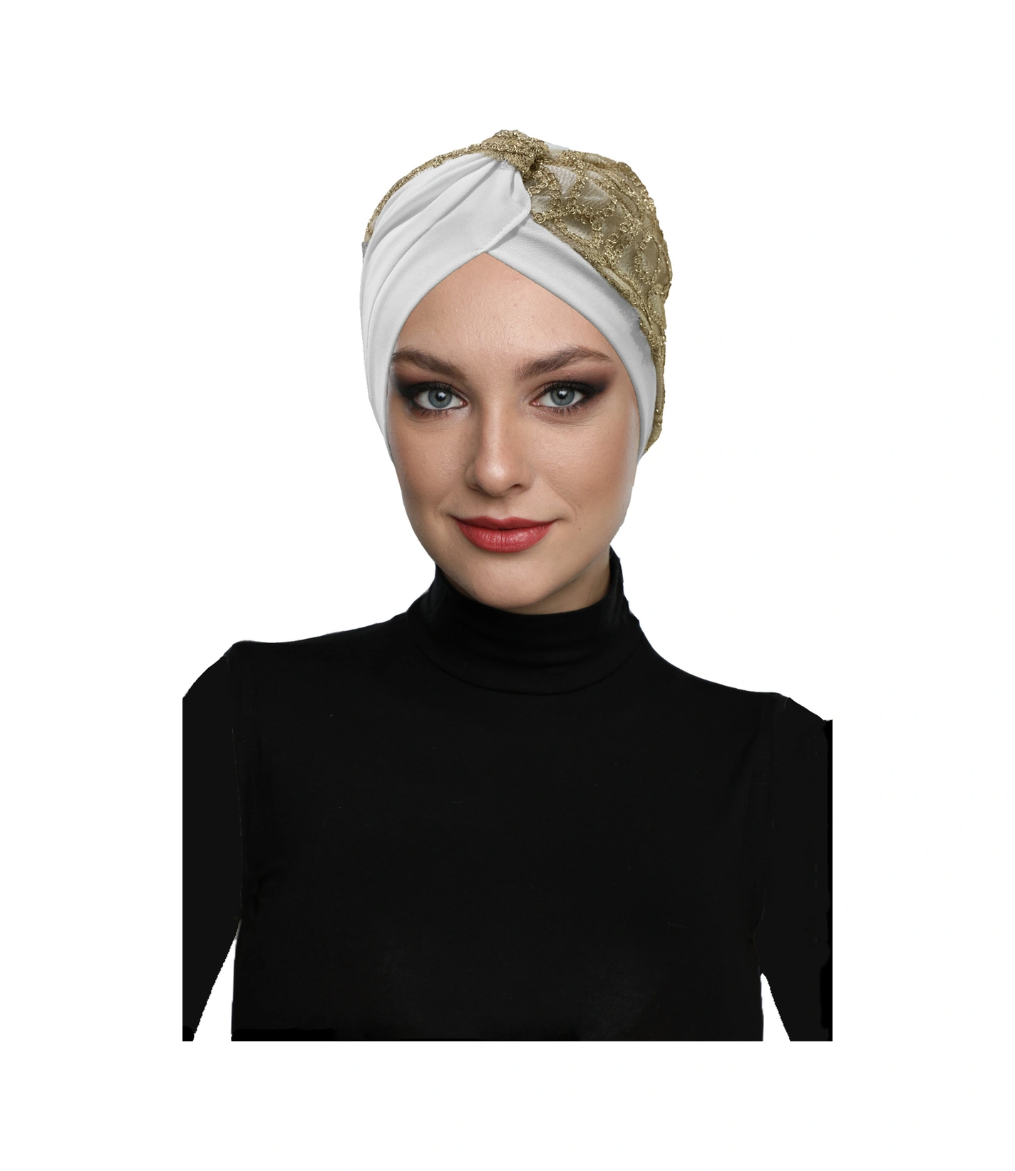 Özel Tasarım Ekru Üzeri Sırma Desenli Astarlı Hazır Türban Tesettür Abiye Bone Ekru4