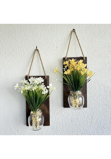 Led Işıklı, Sarı Ve Beyaz Nergis Çiçekli Duvar Dekoru Ceviz İkili Set Ceviz