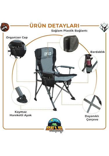 Oslo Lüks Katlanabilir Kamp Sandalyesi Gri