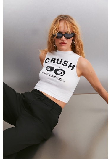 Azura Kadın Baskılı Kısa Kollu Crop Beyaz T-shirt