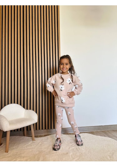 Kız Çocuk Çiçek - Leopar Detaylı 3 İplik Alt Üst Takım Sweatshirt + Tayt Pudra Papatya