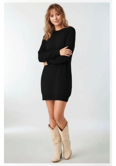 Kadın Kolları Uzun Kendinden Dokulu Bisiklet Yaka Tunik Boy Şık Kışlık Triko Büyük Beden Kazak Siyah