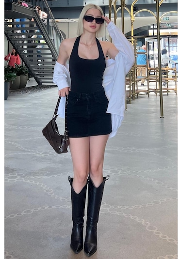 Madmext Siyah Mini Jean Etek Mg2099 Siyah