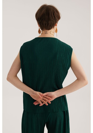 Yeşil Yuvarlak Yaka Kolsuz Pliseli Bluz Desenli