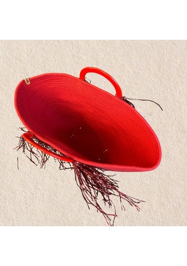 Uretti - Ayşe 4723 3884 El Yapımı Tress İp Yuvarlak Saplı Metalik İp Püskül Detaylı Plaj Çantası - Kırmızı Kırmızı