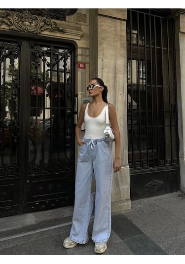 Kadın Arkadan Yırtmaçlı Jeans Kot Palazzo Pantolon - Mavi Mavi